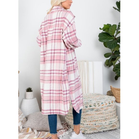 Pink Plaid Long Flannel Shirt Jacket Shacket Coat - Picture 5 of 8